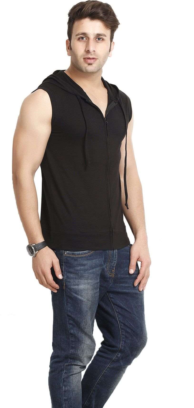 Gritstones Cotton Blend Solid Sleeveless Mens Hooded Neck T-Shirt