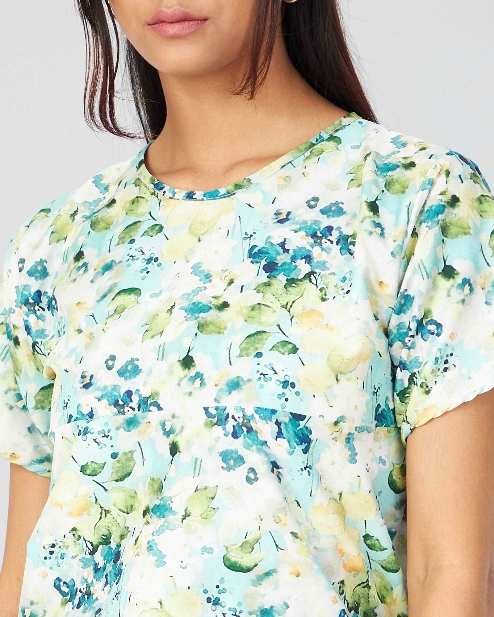 Women Skyblue Flower Printed  Back Side Open Top