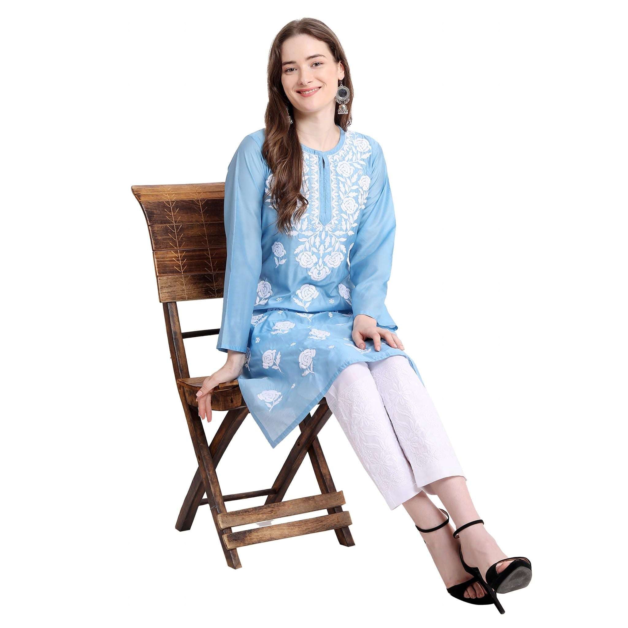 Women Chikankari Chanderi Silk Straght Kurti