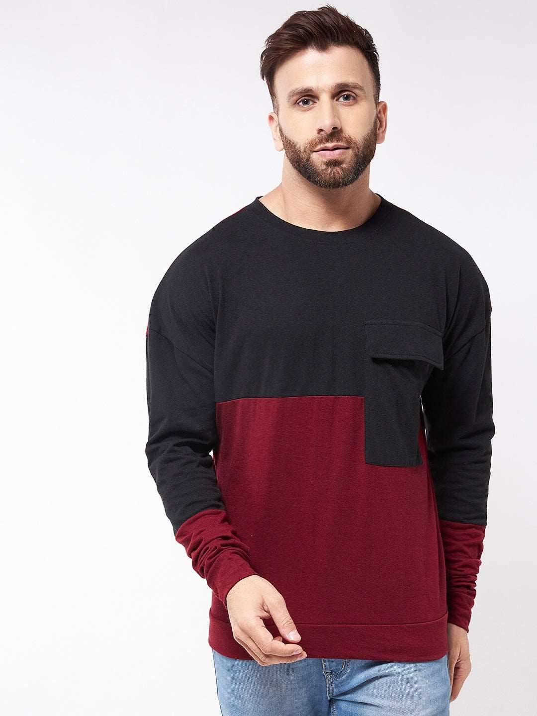 Cotton Blend Color Block Regular Fit Full Sleeves Men's Tshirt