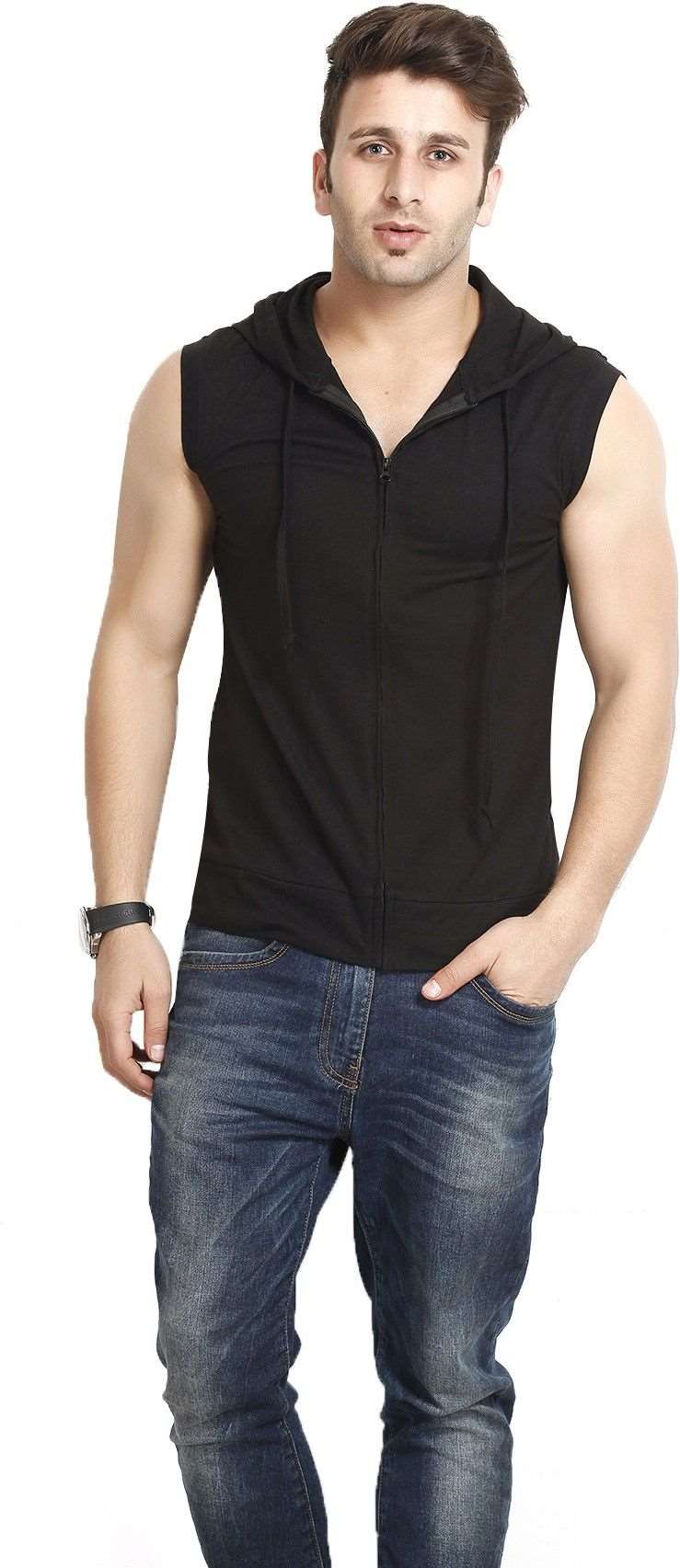 Gritstones Cotton Blend Solid Sleeveless Mens Hooded Neck T-Shirt