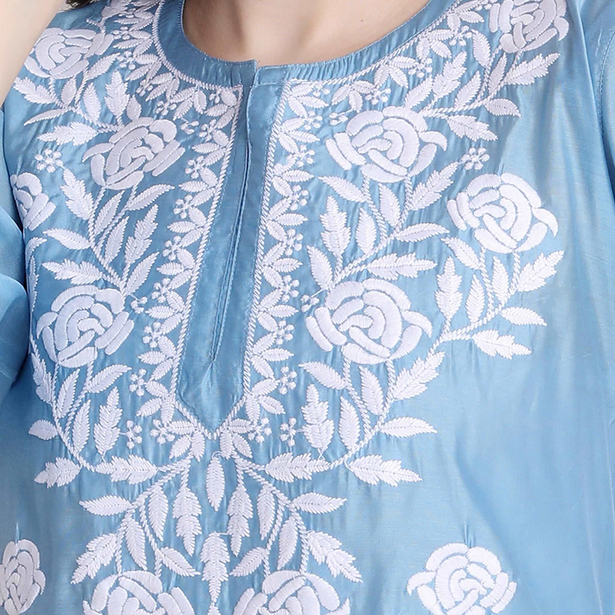 Women Chikankari Chanderi Silk Straght Kurti