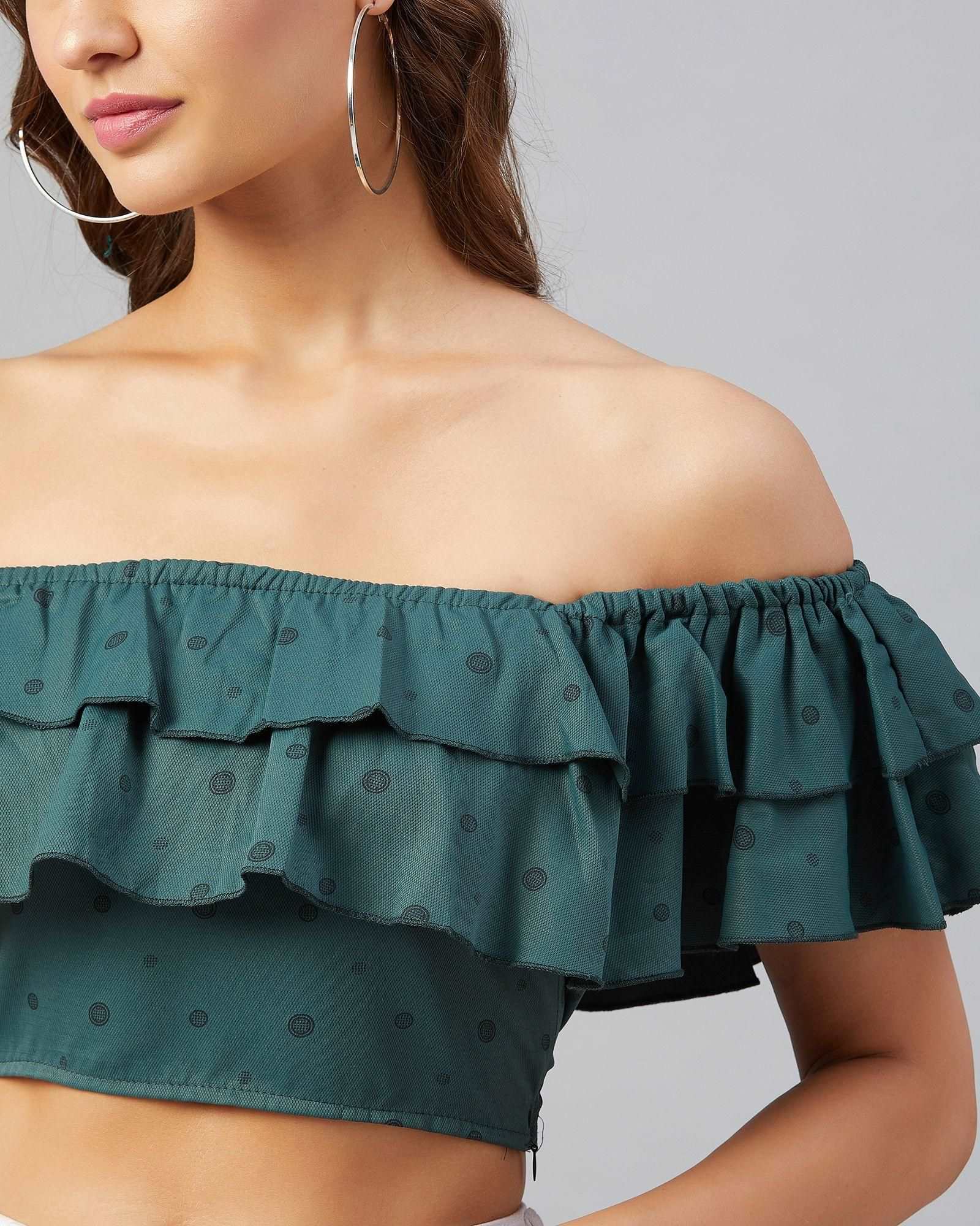 Women's Green Doted Ruffled Crop Top