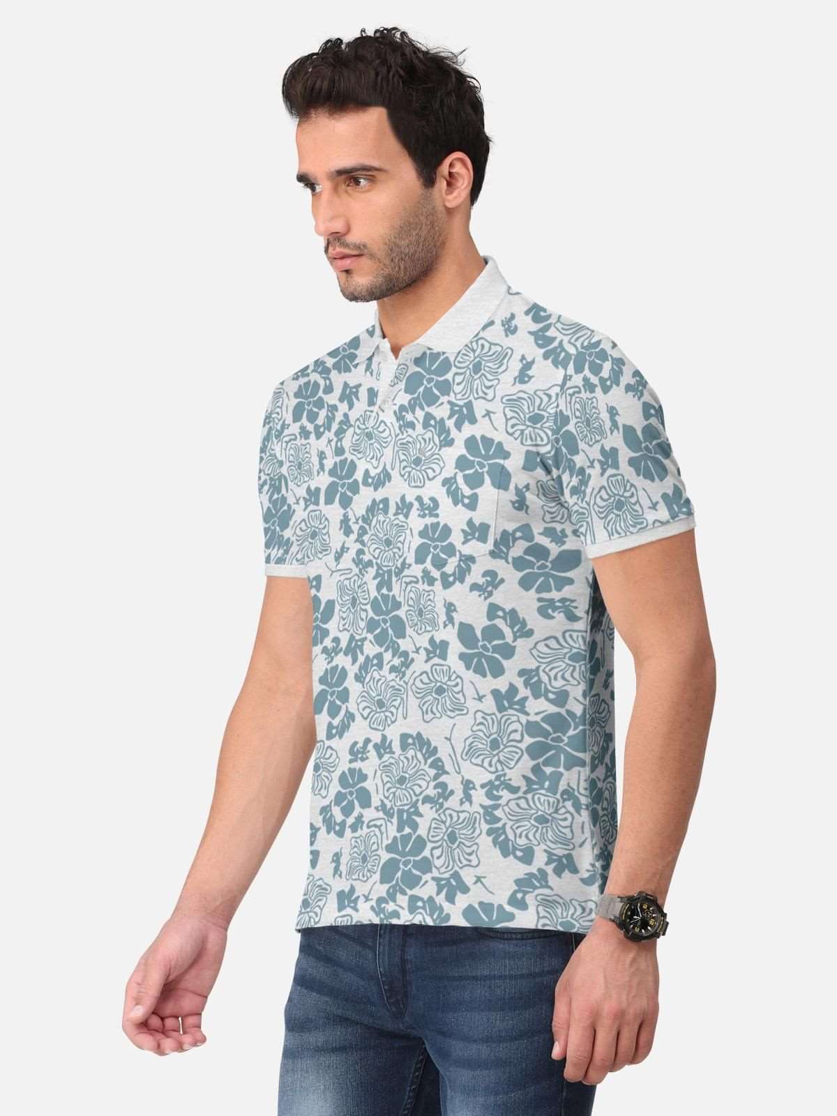 Trendy Cotton Blend Floral Print Polo Neck T-Shirt for Men's