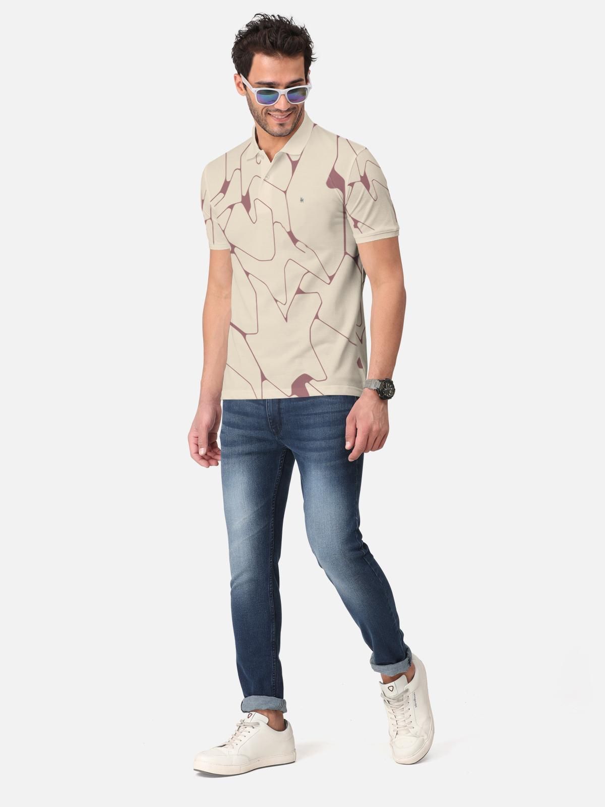 Trendy Cotton Blend Abstract Print Polo Neck T-Shirt for Men's