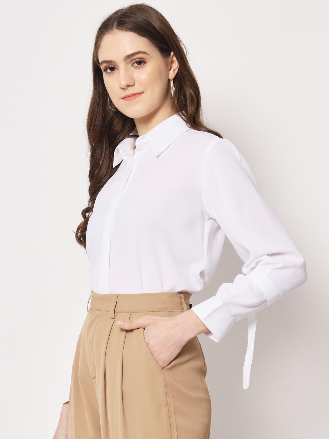 TRENDARREST Women's White Shirt with Buckle Detail Sleeve