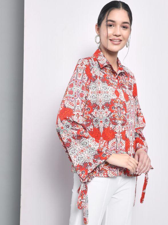 Trend Arrest Women's Polyester Printed Tie-up Sleeve Shirt